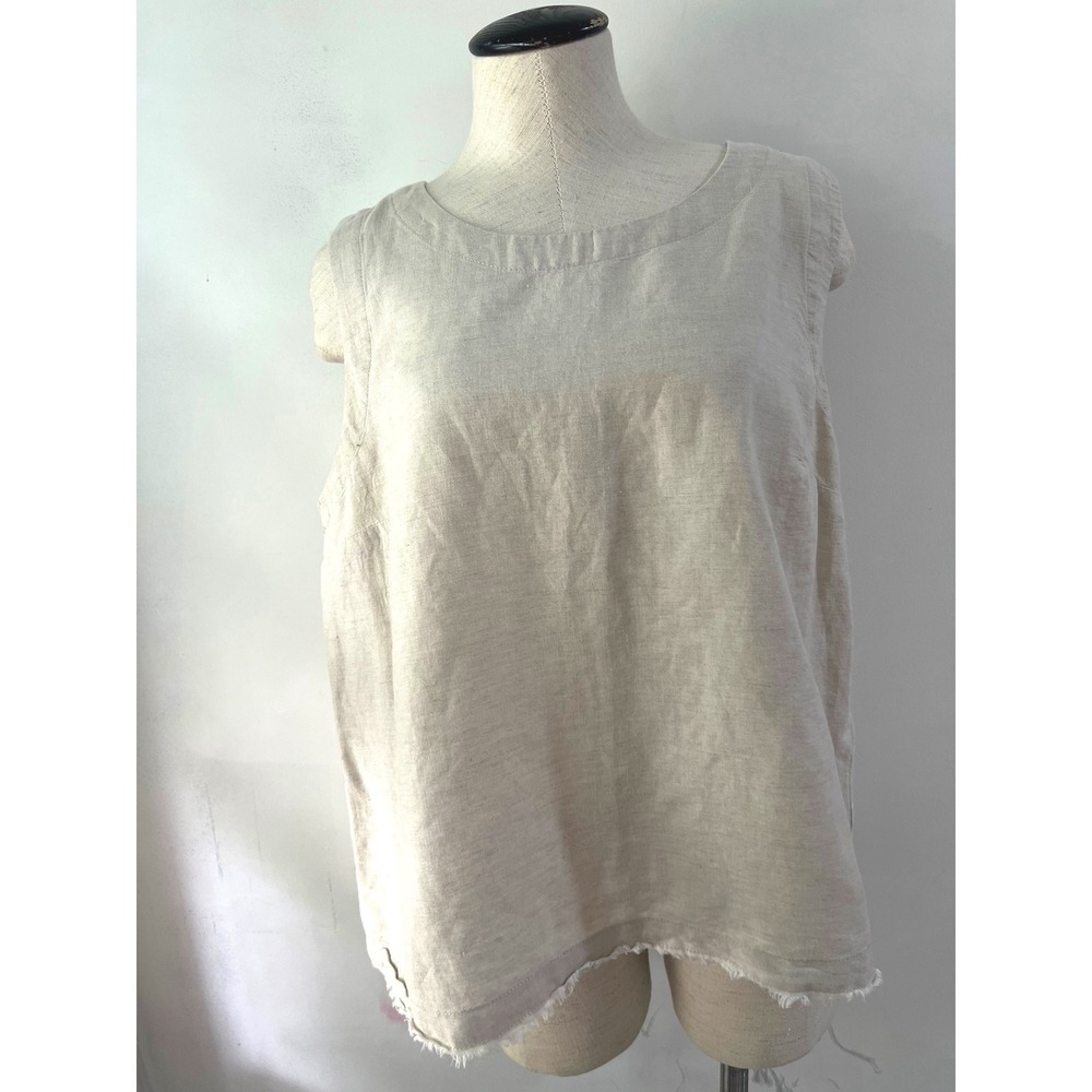 Liz Claiborne Linen Blend Sleeveless BOHO Tank Top Beige Frayed Hem Large